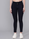 3 Button Frey Hem Stretchable Ankle Length High Waist Slim Women Black Jeans Dark Blue